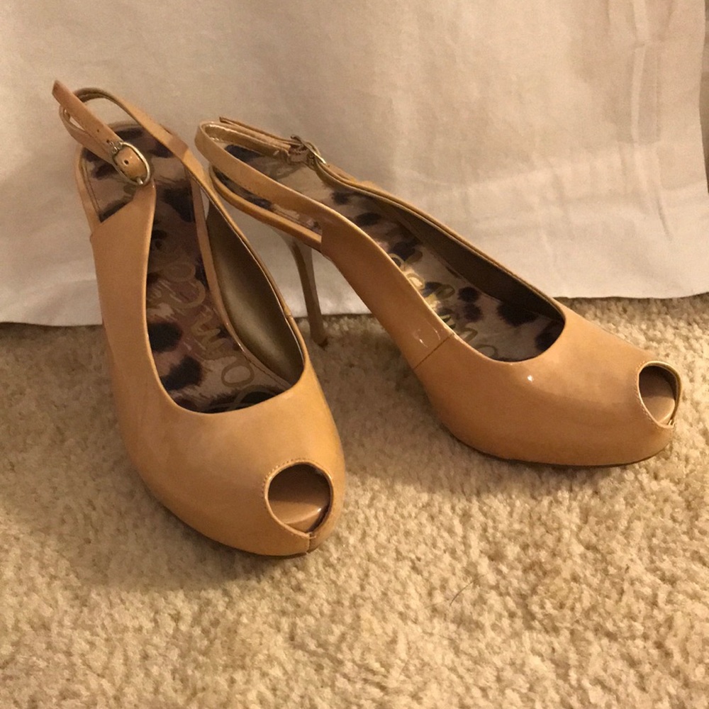 Nude peep toe sling backs